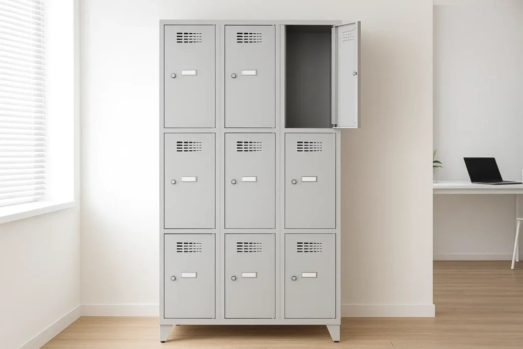 Schließfachschrank 3×3 mit 9 Türen in Lichtgrau im Büro