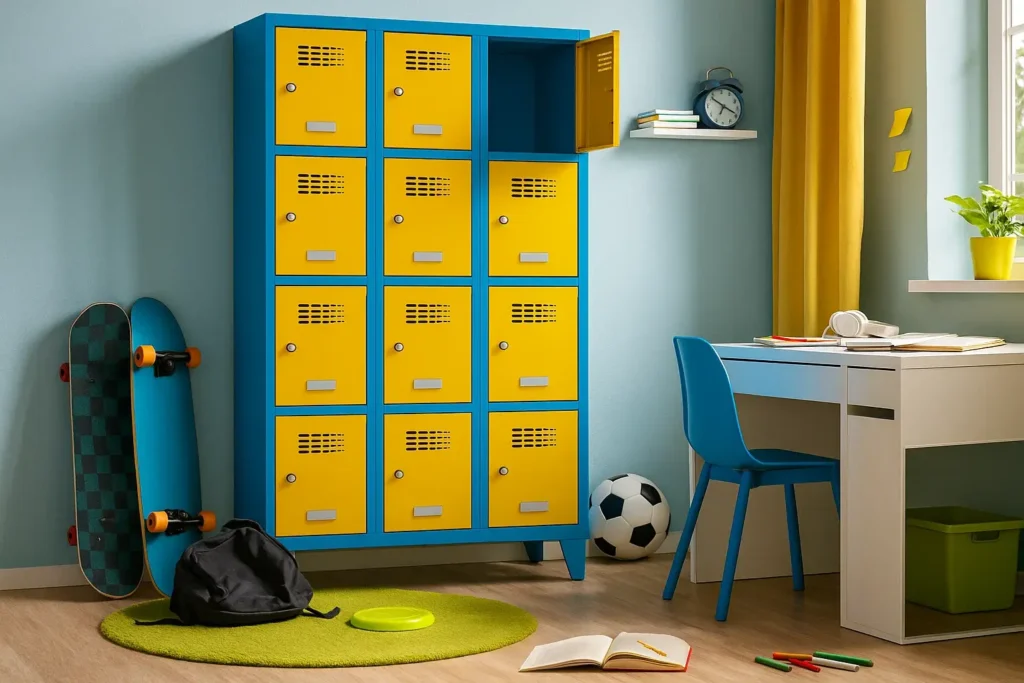 Schließfachschrank 3×4 in Blau Gelb im Jugendzimmer - Kinderzimmerschrank aus Metall