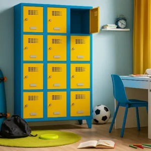 Schließfachschrank 3×4 in Blau Gelb im Jugendzimmer - Kinderzimmerschrank aus Metall