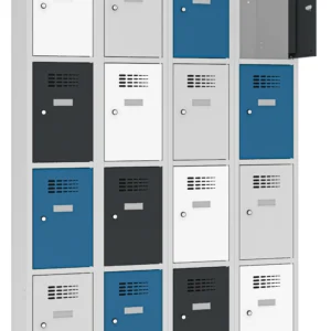 Schließfachschrank 4x4 - Metallspind mit 16 Türen in blauen, grauen, weißen und schwarzen Türen