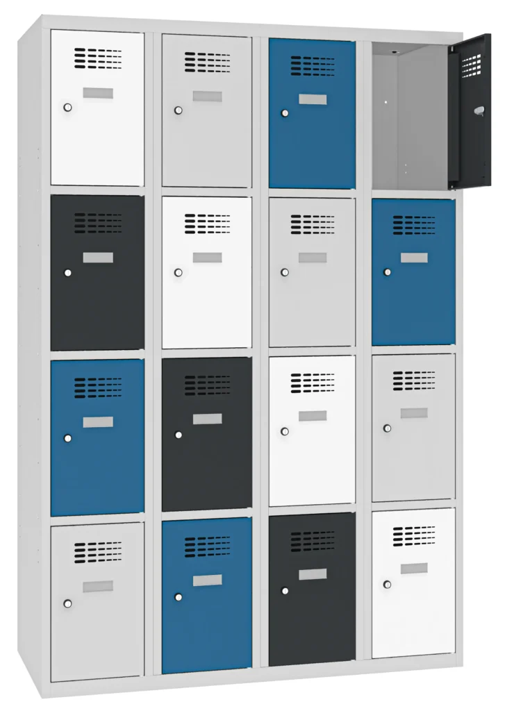 Schließfachschrank 4x4 - Metallspind mit 16 Türen in blauen, grauen, weißen und schwarzen Türen