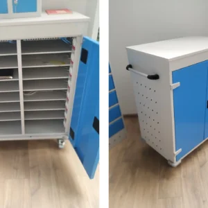 Laptop-Ladewagen mit 16 Fächern in Grau-Blau offen und geschlossen