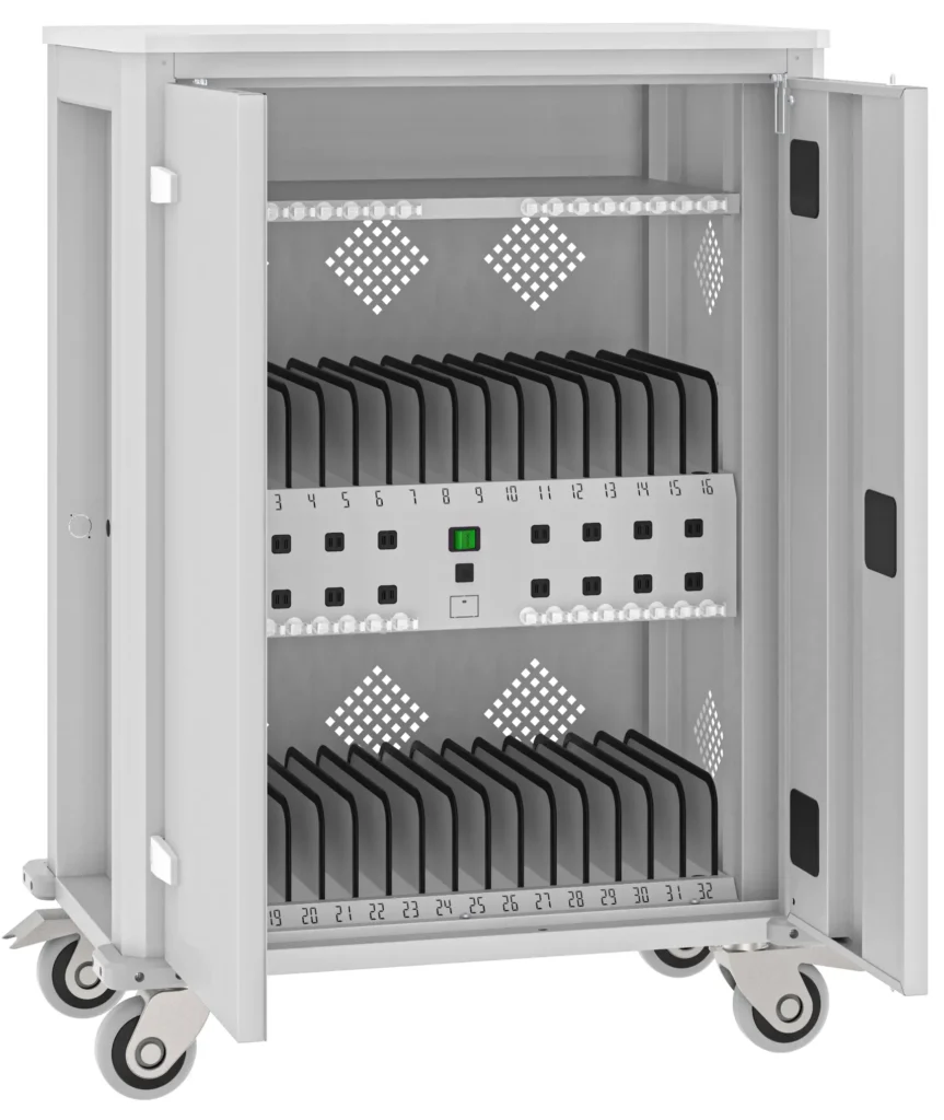 Laptop Ladewagenfür 32 Tablets zum Aufladen über USB-C +2x Schuko