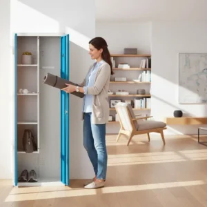 Aufbewahrungsschrank mit 2 Türen, 4 Regalen + viel Stauraum rechts und unten - Lichtgraues Gehäuse und blaue Türen