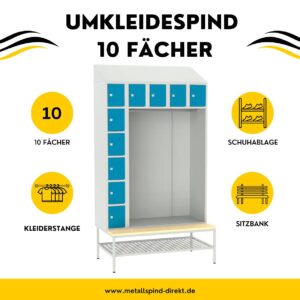 Umkleidespind mit 10 Fächern: Praktische Spindlösung mit Schuhablage, Kleiderstange und Sitzbank. Optimale Raumnutzung für Umkleideräume. Entdecken Sie mehr auf metallspind-direkt.de.