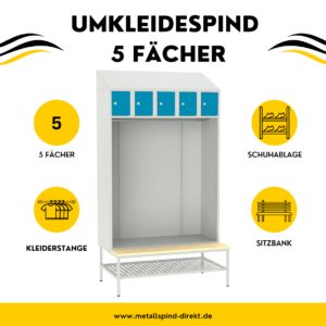 Umkleidespind mit 5 Fächern: Kompakte Spindlösung mit Schuhablage, Kleiderstange und Sitzbank. Perfekt für kleinere Umkleideräume. Jetzt verfügbar auf metallspind-direkt.de.