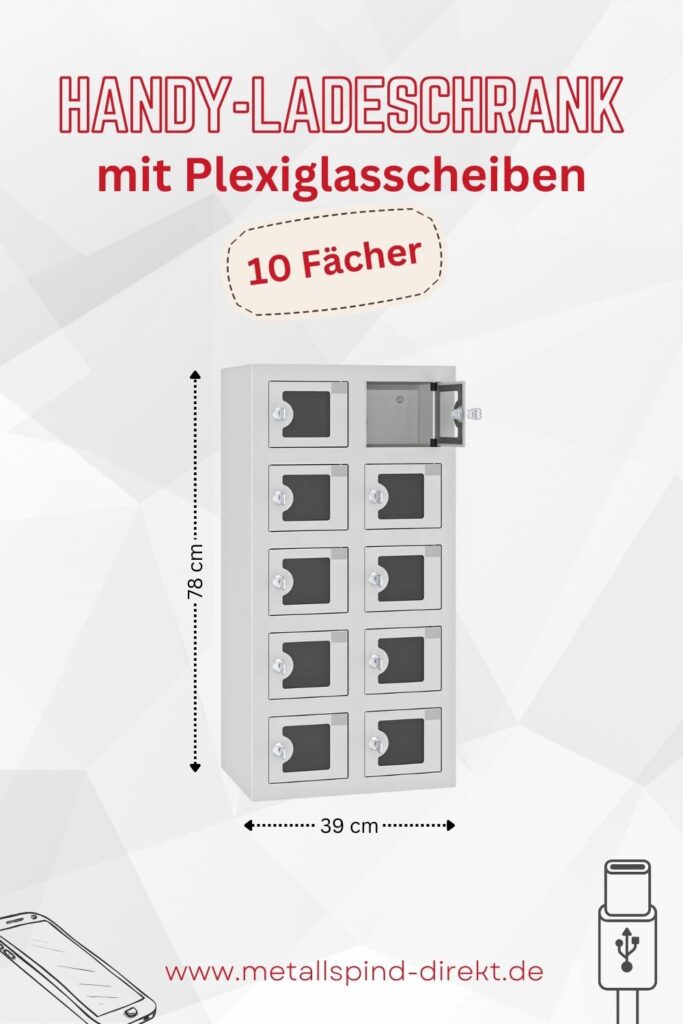 Handy Ladeschrank mit Plexiglasscheiben – 10 Fächer mit USB-Ladefunktion