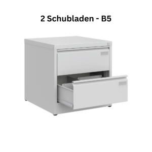 Kompakter weißer Hängeregisterschrank für B5-Formate mit 2 Schubladen. Platzsparender Büroschrank für effiziente Dokumentenablage kleinerer Mengen.