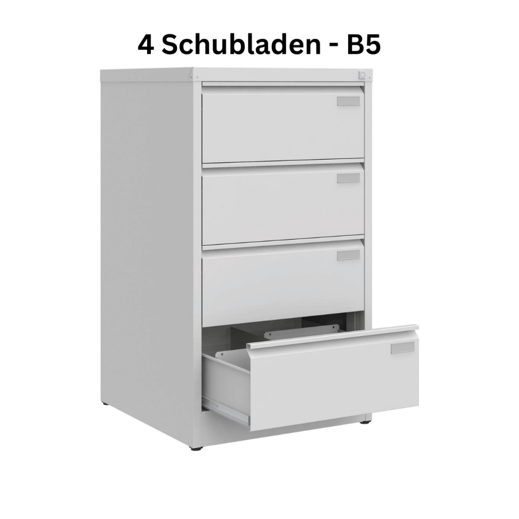 Weißer Hängeregisterschrank für B5-Formate mit 4 Schubladen. Geräumiger Büroschrank für effiziente Aktenablage und übersichtliche Dokumentenorganisation.