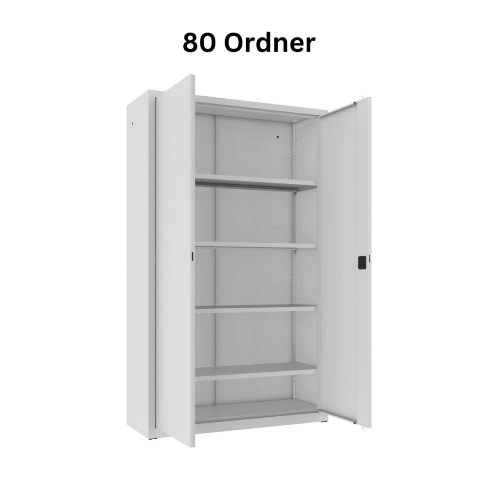 Weißer Büroschrank für 80 Ordner mit geöffneten Türen. Großräumiger Aktenschrank mit fünf Einlegeböden für umfangreiche Dokumentenorganisation in Büros und Archiven.
