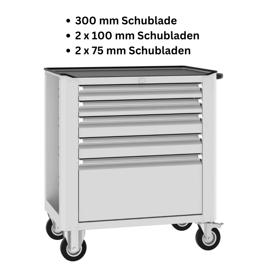 Weißer mobiler Werkstattwagen mit sechs Schubladen unterschiedlicher Höhe: Eine 300 mm, zwei 100 mm und zwei 75 mm Schubladen. Robuster Rollwagen auf Rollen für flexible Werkzeugorganisation in Werkstätten.