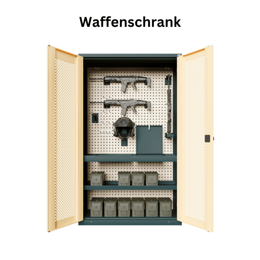 Hochsicherer Waffenschrank für Jäger und Sportschützen, geöffnet mit zwei modernen Gewehren, taktischem Helm und Munitionskisten. Robuster Stahlkorpus mit perforierter Rückwand, beigen Gittertüren und verstellbaren Einlegeböden für optimale Organisation der Jagd- und Schießsportausrüstung.