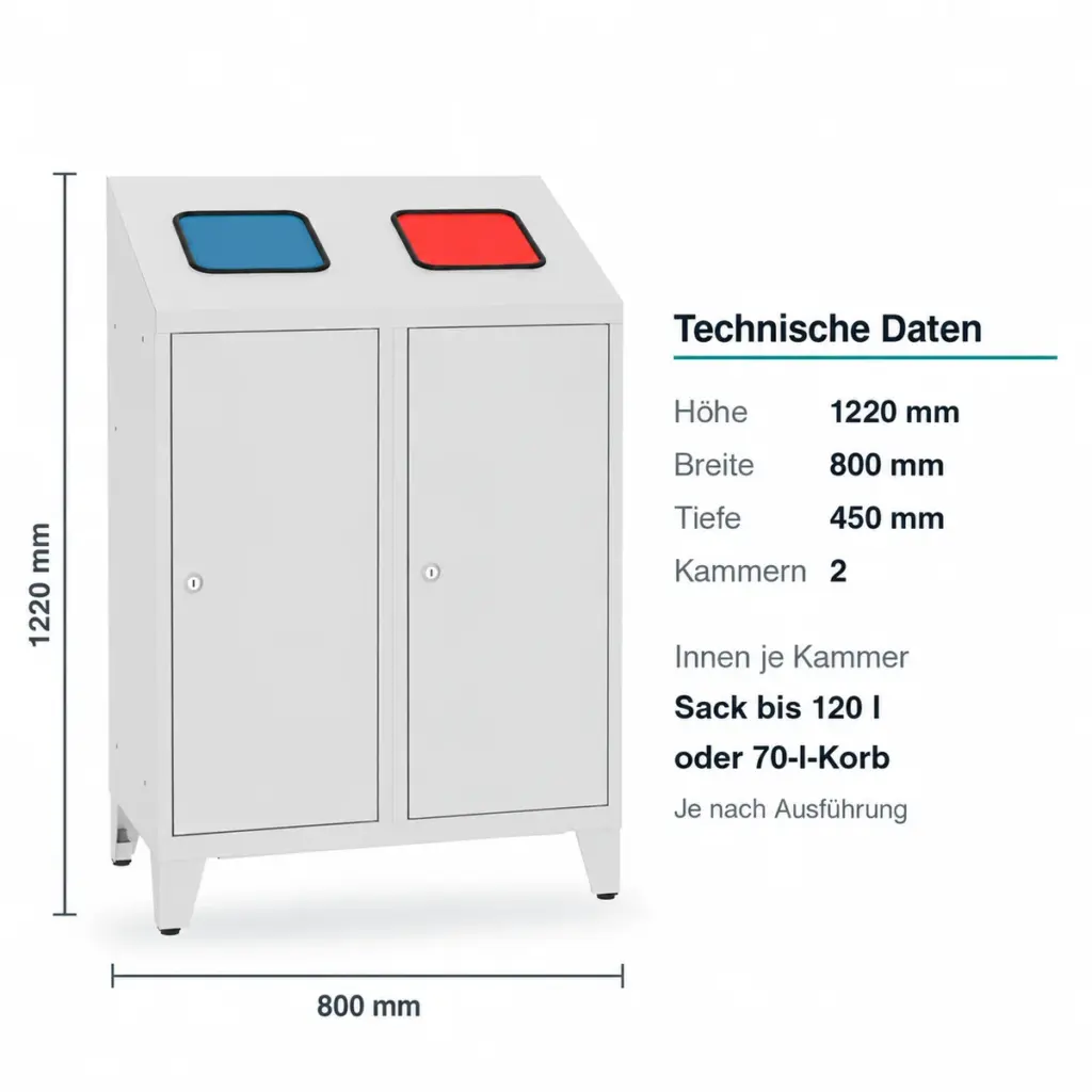 Abfallbehälter aus Metall mit 2 Kammern in Lichtgrau, Bemaßung 1220 × 800 × 450 mm und technische Daten