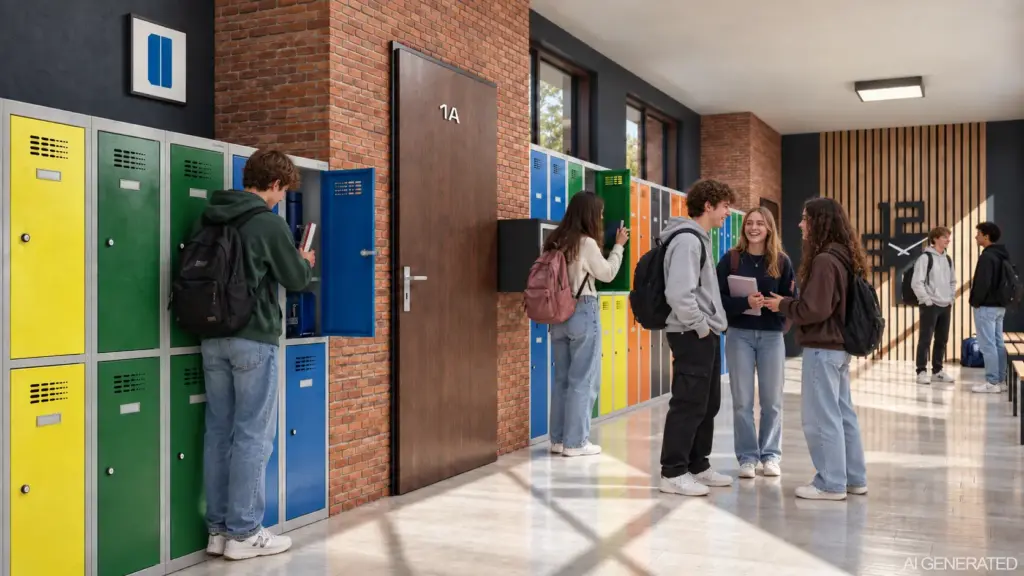 Farbige Schulspinde aus Metall in Gelb, Grün, Blau und Orange in einem Schulflur. Schülerinnen und Schüler öffnen ihre Spindfächer und legen Bücher und Taschen ab.